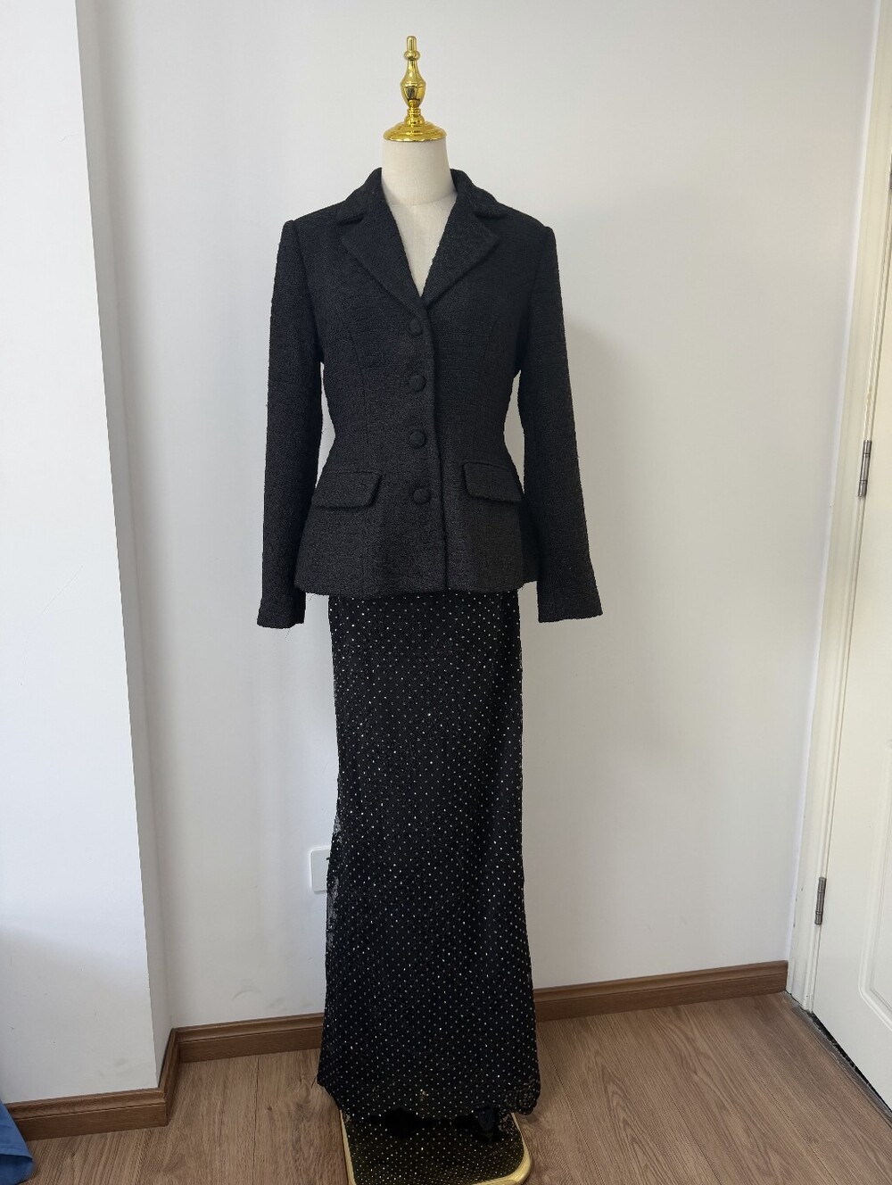 Self Portrait Black Boucle Rhinestone Lace Maxi Dress - Picture 7 of 16